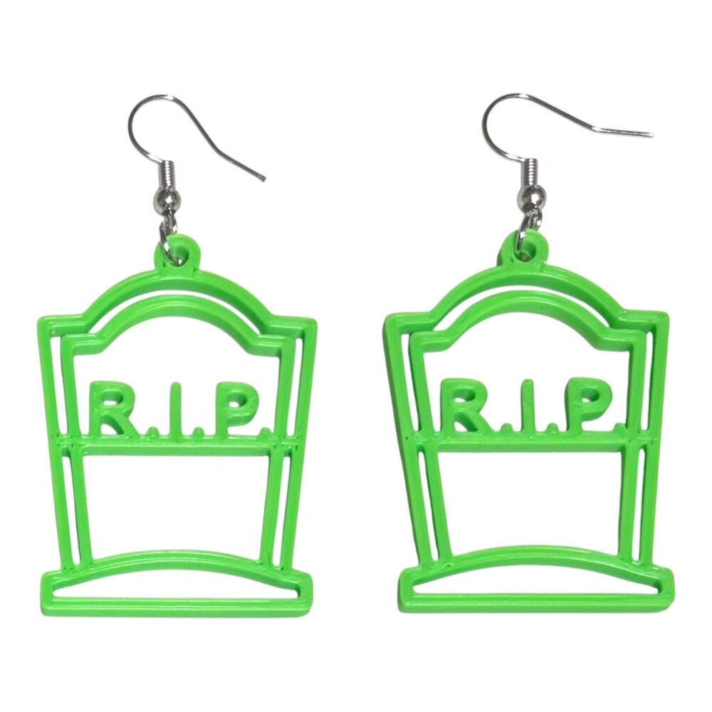 3D Printed Earrings - 2.25" x 1.25" R.I.P. Tombstone - LIME - X005-60